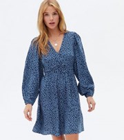 New Look Blue Leopard Print Ruched Tie Waist Mini Dress